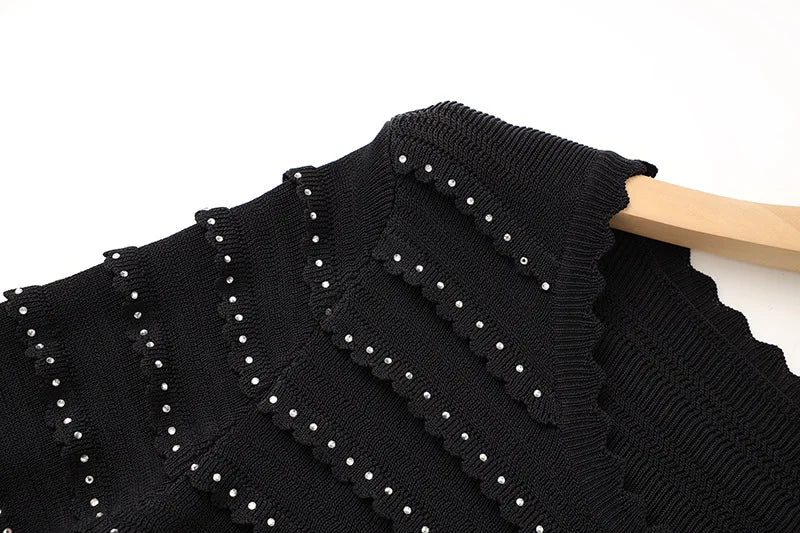 Quality Hot Drilling 2025 Lady Autumn Elegant Style Suit V-neck Long Sleeve Single-breasted Cardigan Midi Skirt Women Knit 2pcs