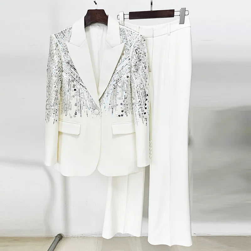 Luxury Premium Black Two Piece Suit Set Silver Sequin Blazer Long Pants Formal Evening Party Formal Suits for Women