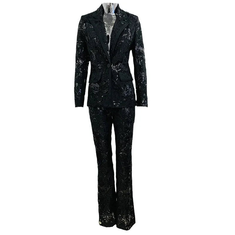 Autumn and Winter Elegant Ladies White Lace Sequin Tuxedo Suit and Pants Sets Women Blazer Set