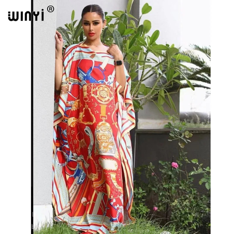 Africa Fashion Blogger Recommend Popular printed Silk Kaftan Maxi dresses Loose Summer Beach Bohemian kaftan long dress for lady - Shellss