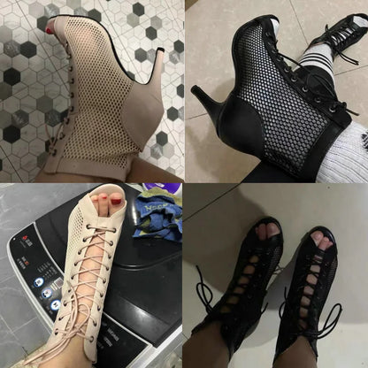 New Sexy High Heels Hollow Mesh Sandals Summer Fashion Trend Comfort Peep Toe Boots Stilettos Jazz Dance Female Shoes Plus Size