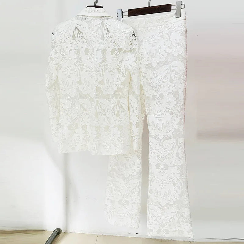 Autumn and Winter Elegant Ladies White Lace Sequin Tuxedo Suit and Pants Sets Women Blazer Set