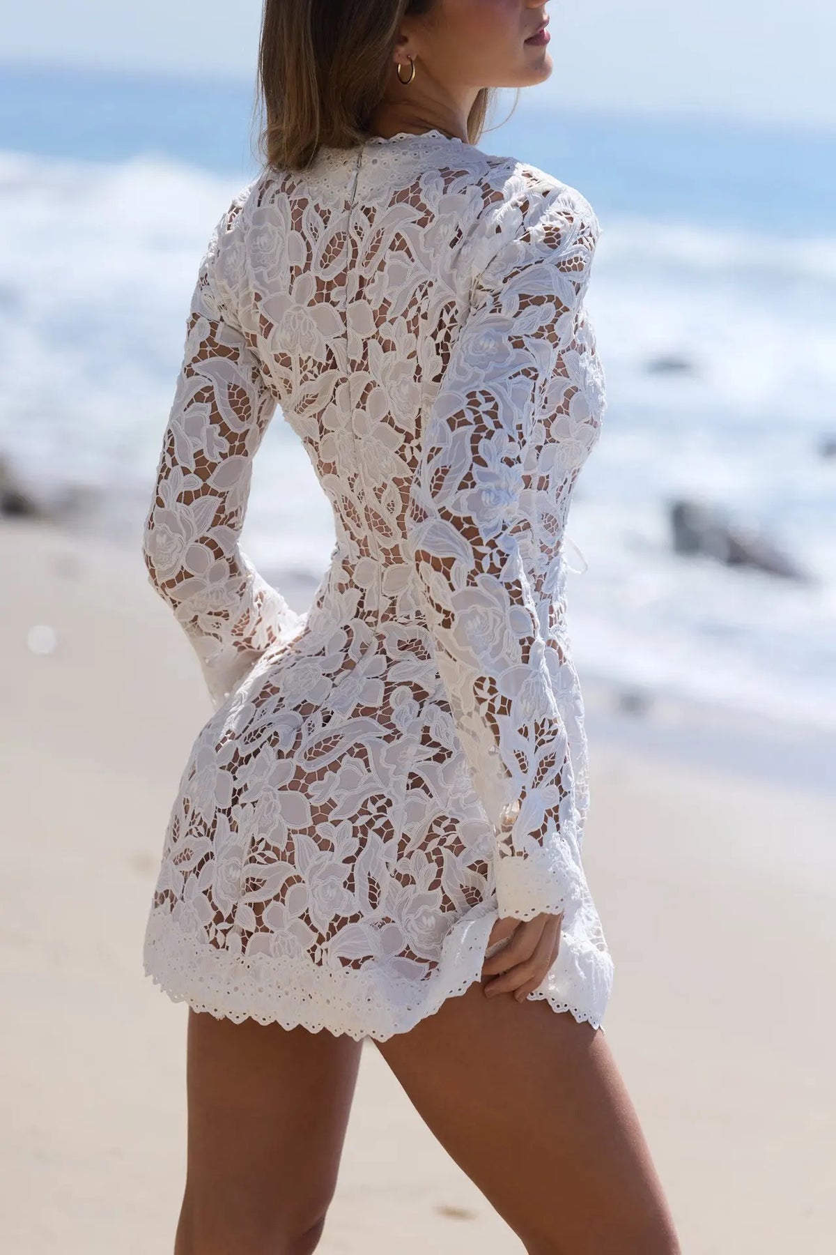 2026 New Women Luxury Heavy Hollow Out Lace Mini Dress Elegant Deep V Neck Slim Fit Vacation Beach Casual Dress