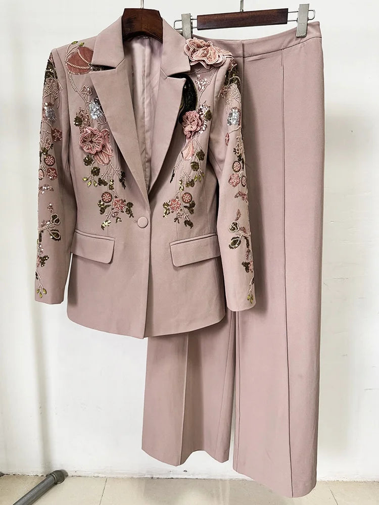 OUDINA Factory Wholesale Embroidered Sequins Flower Jacket Wide Leg Pants Suits and Blazer Two Piece Set Women's Suits & Blazers