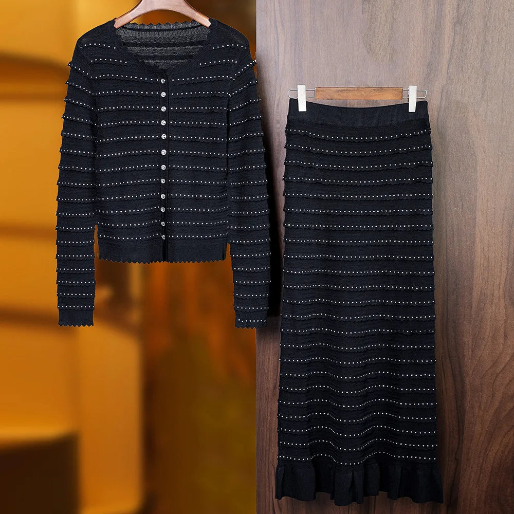 Quality Hot Drilling 2025 Lady Autumn Elegant Style Suit V-neck Long Sleeve Single-breasted Cardigan Midi Skirt Women Knit 2pcs
