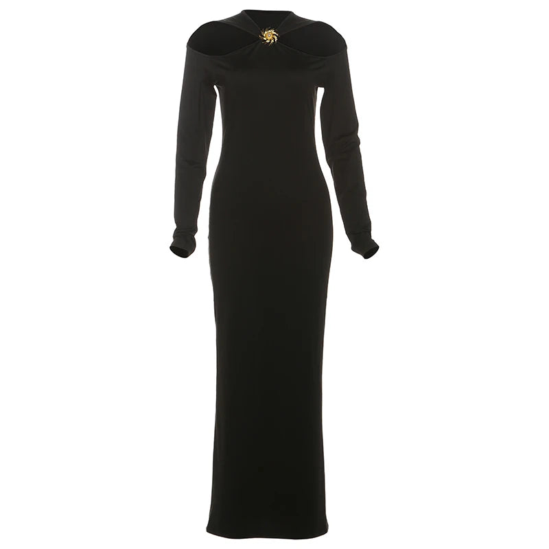 Black Party Dress with Gold metal flower