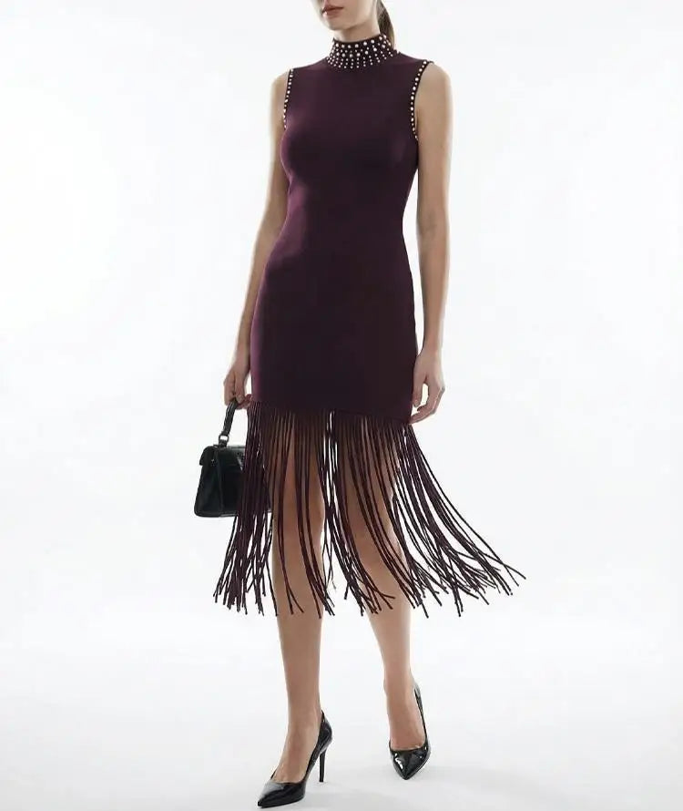 High Quality Hot Drilling Lady Summer Sleeveless Wear Women Turtleneck Knitted Slim Fitted Slit Tassel Solid Long Dresses