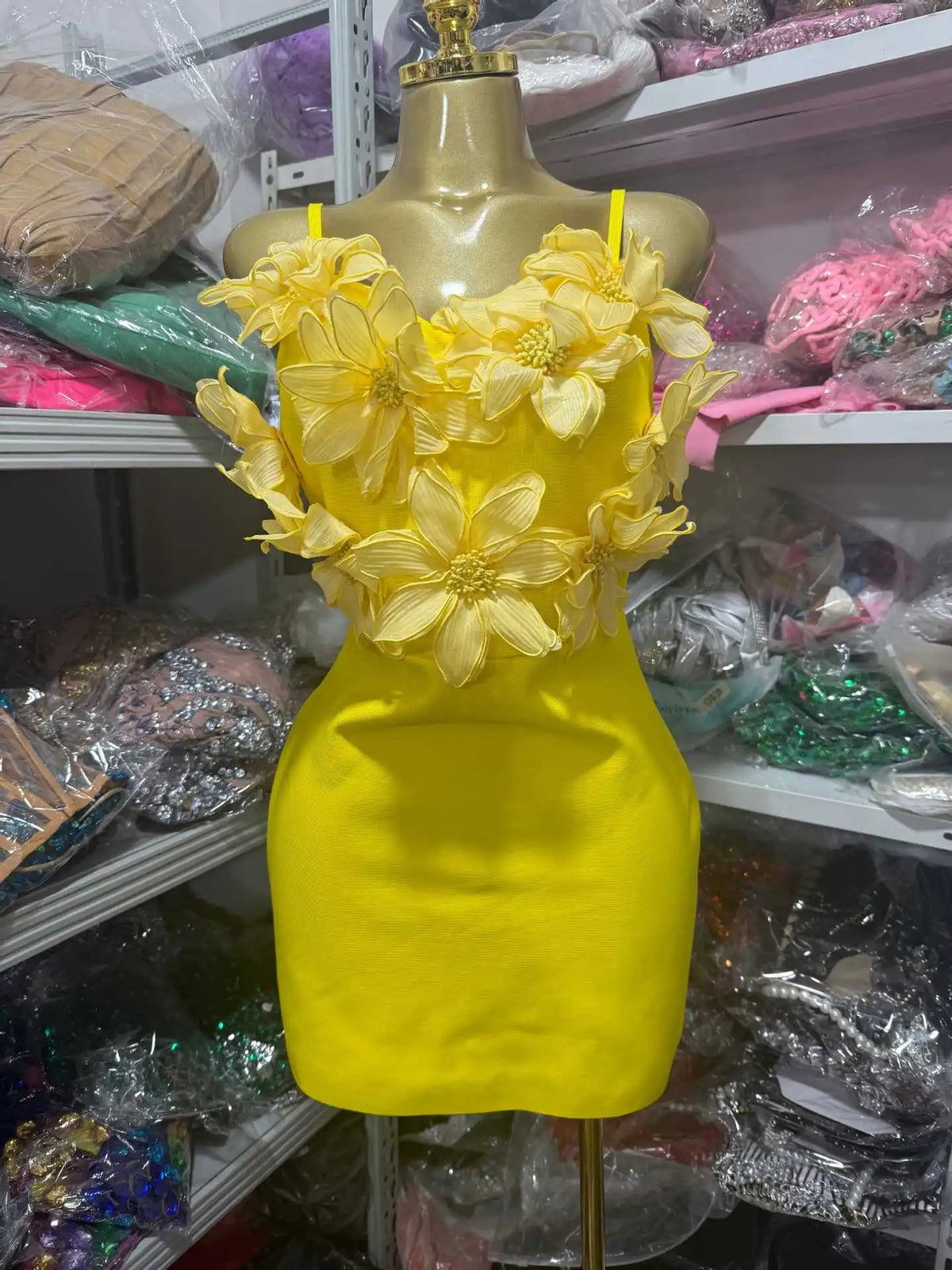 Elegant Yellow 3D Flower Bodycon Mini