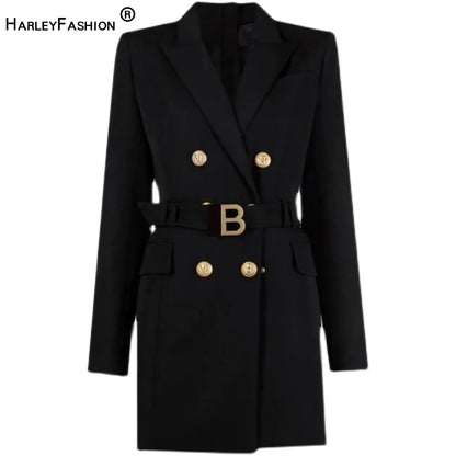 Blazer Dress with Belt Luxury Buttons with Back Zipper