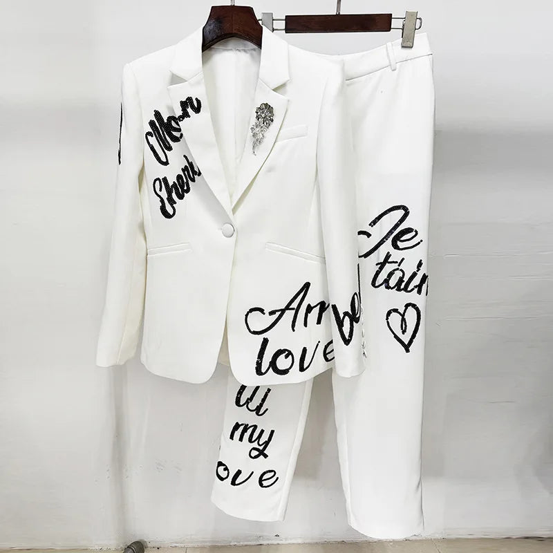 Wholesale Luxury White Womens Suit Set Elegant Tailored Office Business Blazer Pants Formal Wear for Ladies