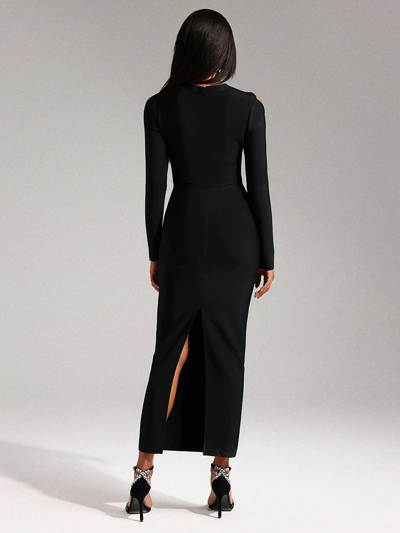 Black Party Dress with Gold metal flower