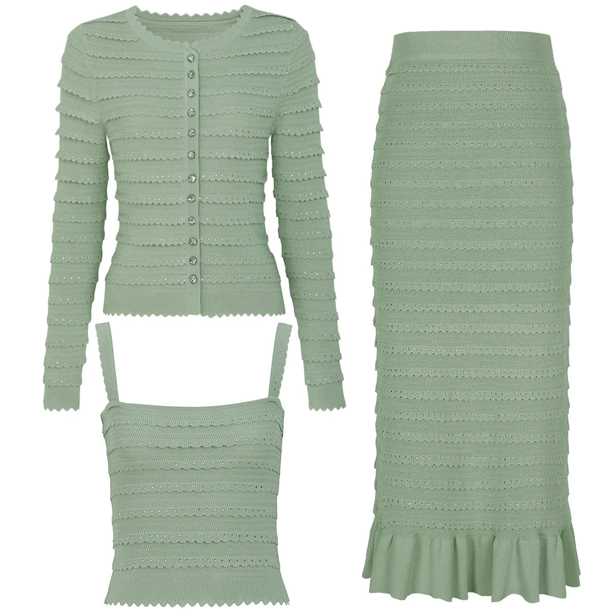 2026 New Hot Drilling High Quality Spring and Autumn Knitted Top Cardigan Jacket Sling Vest Overskirt Three-Piece Set