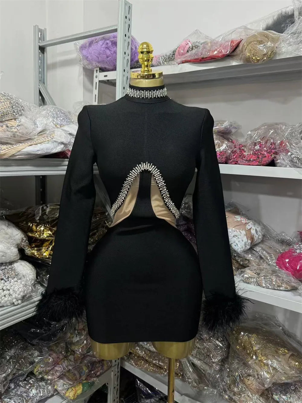 Black High Neck Dress Rhinestone Party
