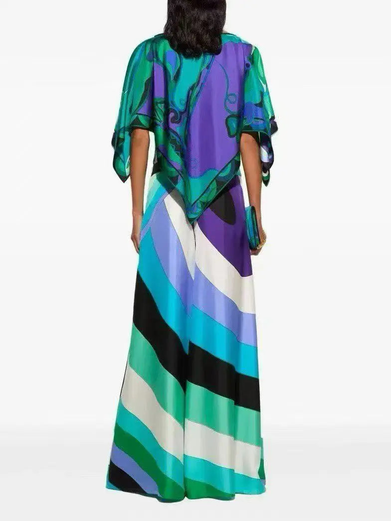 Pucci Top Ruffled Sleeves Wide Leg Flared Trousers Set