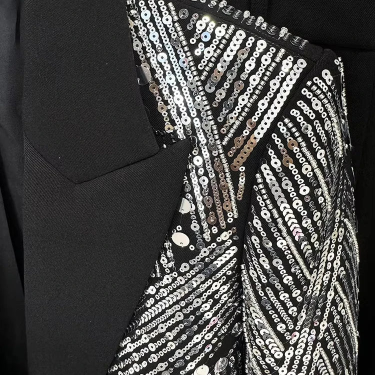 Luxury Premium Black Two Piece Suit Set Silver Sequin Blazer Long Pants Formal Evening Party Formal Suits for Women