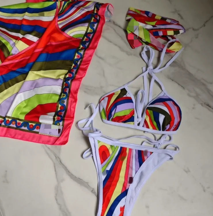 New STOCK Fashion 4 Pieces Swimwear With Headband Big Beach Scarfs Sexy Women Designer Bikini Set