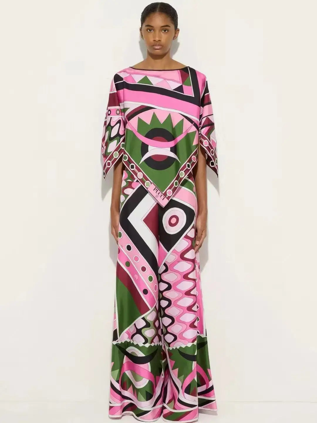 Pucci Top Ruffled Sleeves Wide Leg Flared Trousers Set