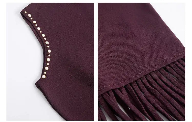 High Quality Hot Drilling Lady Summer Sleeveless Wear Women Turtleneck Knitted Slim Fitted Slit Tassel Solid Long Dresses