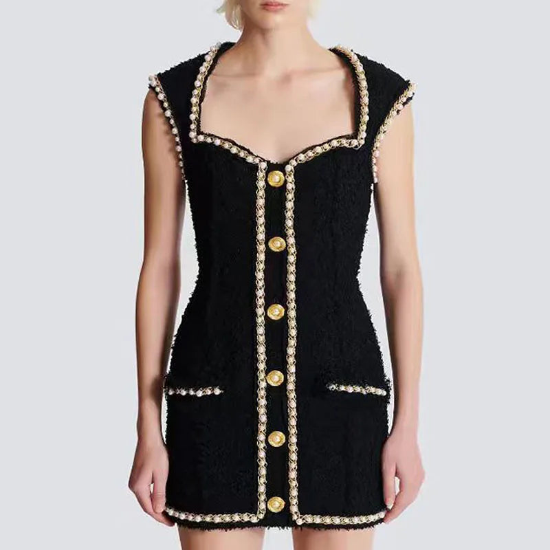 Sexy Designed Sweetheart Neck Slim Fitted Lady Quality Tweeed Formal Wear Women Beading Mini Solid Party Dress for Women