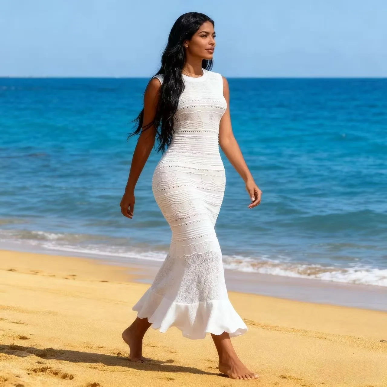 S 2025 Spring and Summer Sleeveless Slim-fit Ruffled Elegant Knitted Solid Long Skirt Dress Fresh Edge