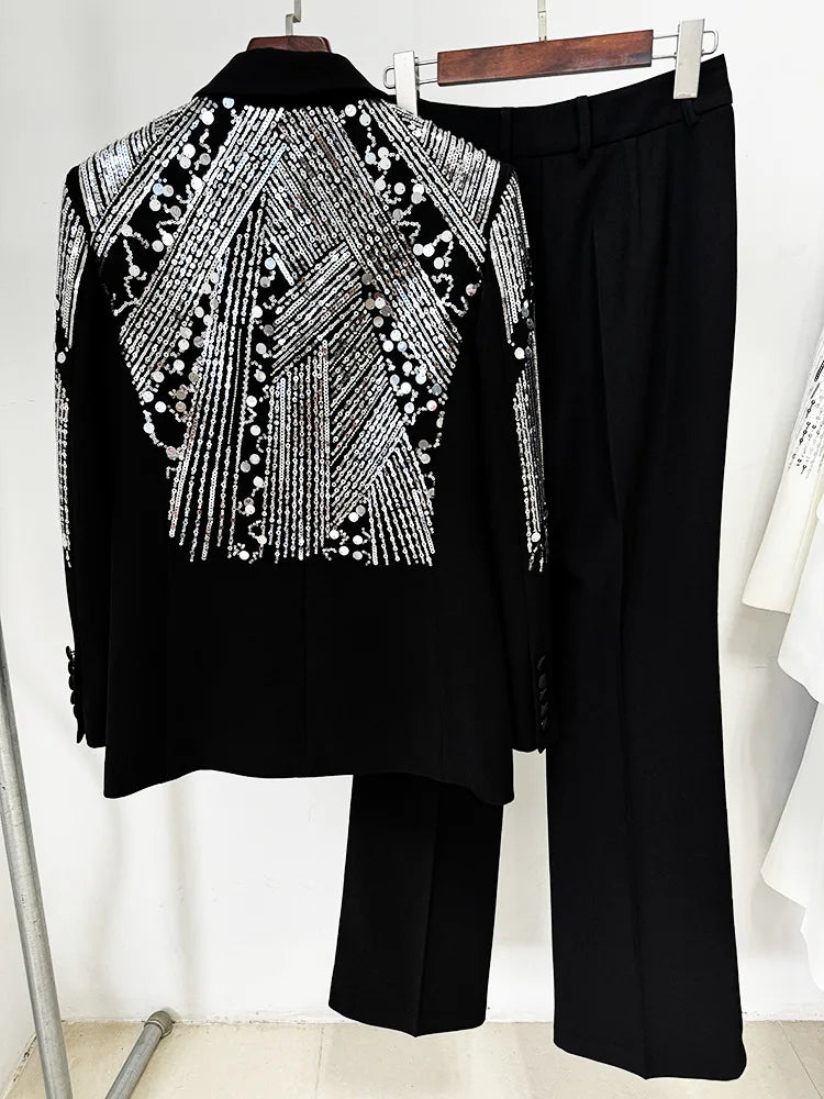 Luxury Premium Black Two Piece Suit Set Silver Sequin Blazer Long Pants Formal Evening Party Formal Suits for Women