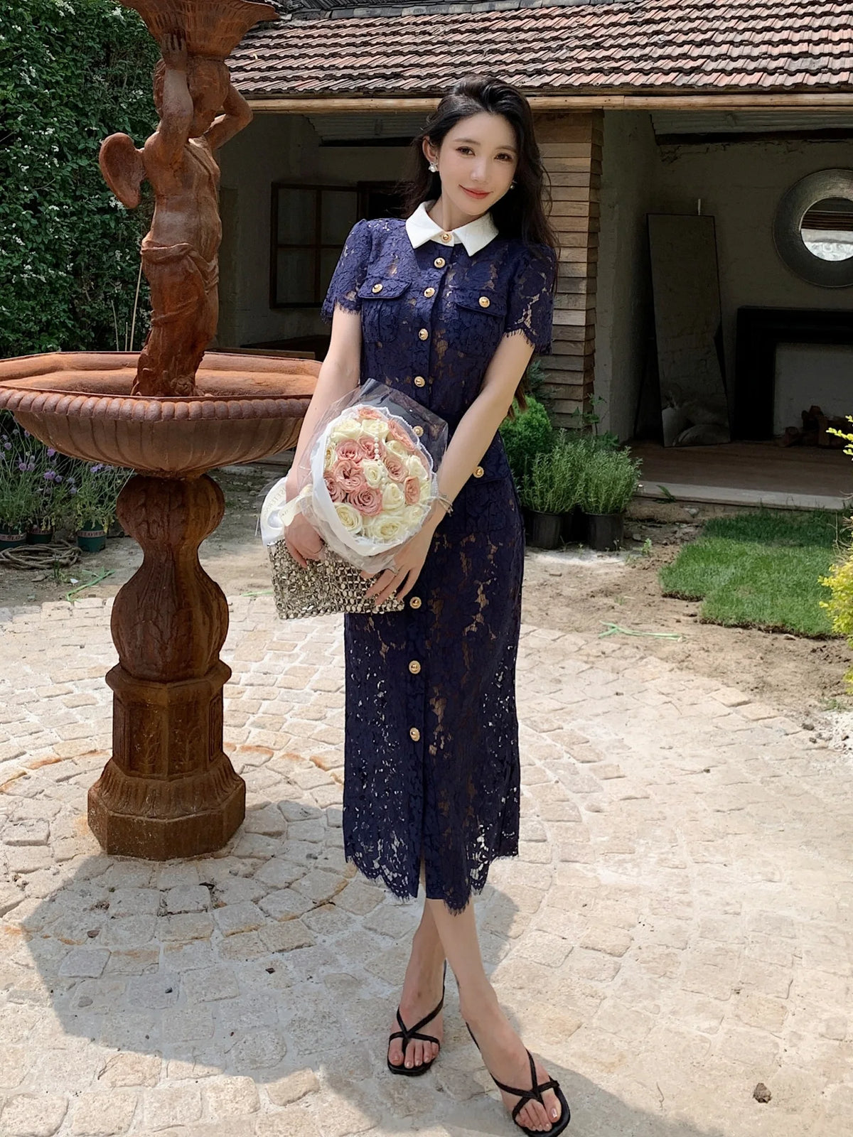 Womens Lace Mid-calf Dresses Hollow Out Turndown Collar Elegant Short Sleeve Single Breasted Casual Dress