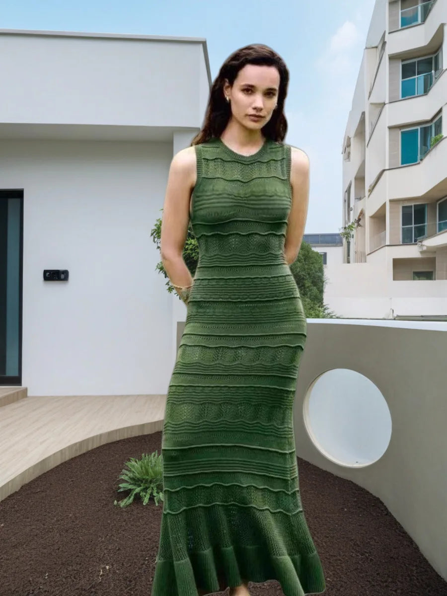 S 2025 Spring and Summer Sleeveless Slim-fit Ruffled Elegant Knitted Solid Long Skirt Dress Fresh Edge