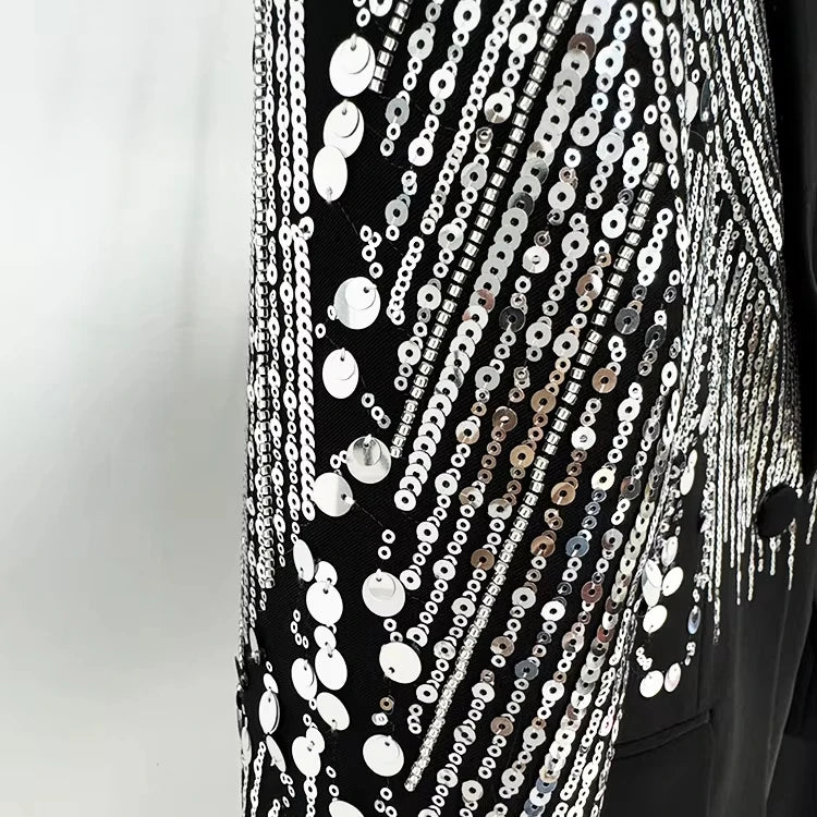 Luxury Premium Black Two Piece Suit Set Silver Sequin Blazer Long Pants Formal Evening Party Formal Suits for Women