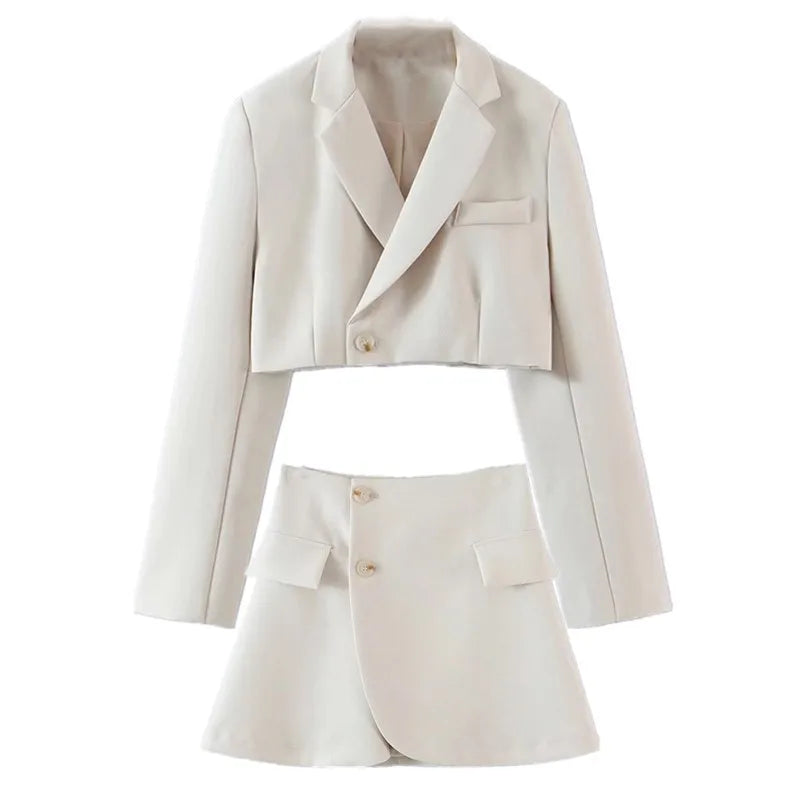 2 pieces 1 set Women One Button Short Blazer Cropped