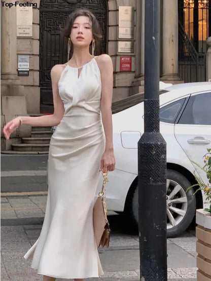 Chic Solid Party Prom Dress Elegant White pearl