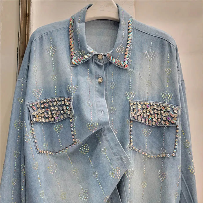 Rhinestone Diamond Turn Down Collar Denim Blouse