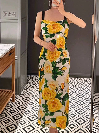 Luxury Dolce Yellow Rose Off-Shoulder Tube Top Dress – Elegant Slim Fit