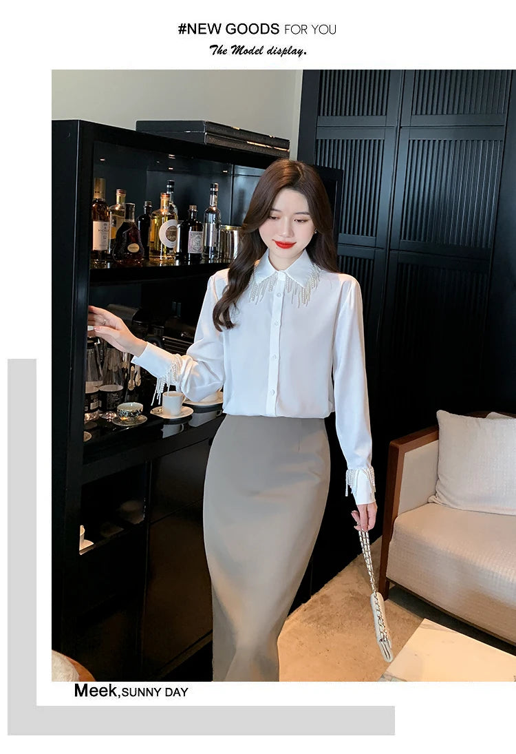 Luxus Perlen Perlen Quasten Weiße Hemden