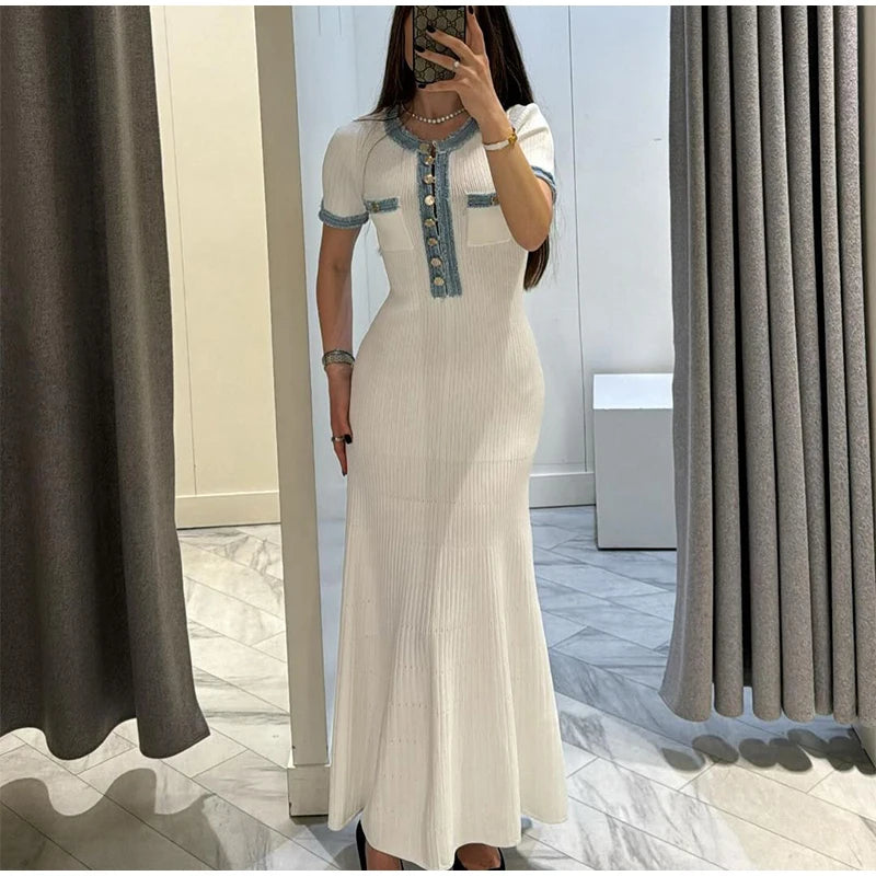 Elegant Denim Patchwork Knitted Long Dress