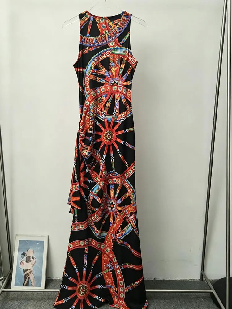 Fashion women's new round neck sleeveless dress colorful wheel print slim irregular temperament dress elegant holiday party dres - Shellss
