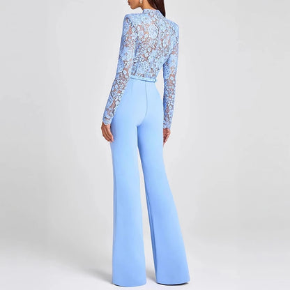Jacquard Lace High-waisted Jumpsuit Embroidery Crochet