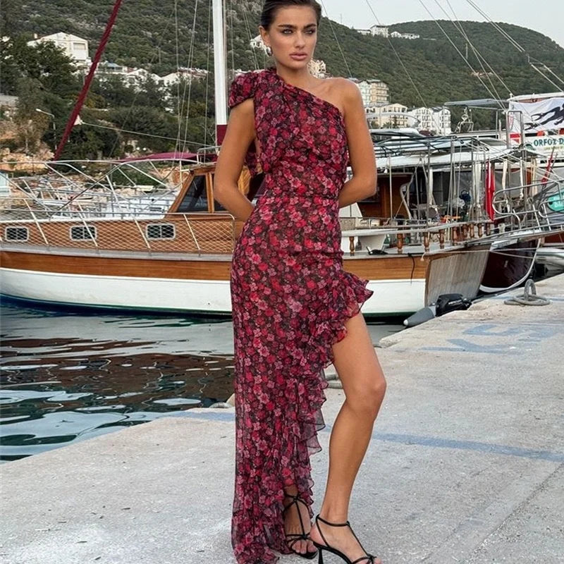 Floral One-Shoulder Chiffon Asymmetrical dress