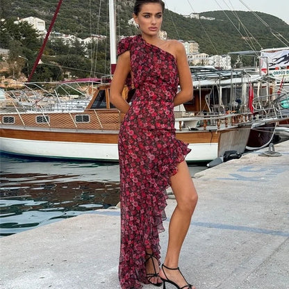 Floral One-Shoulder Chiffon Asymmetrical dress