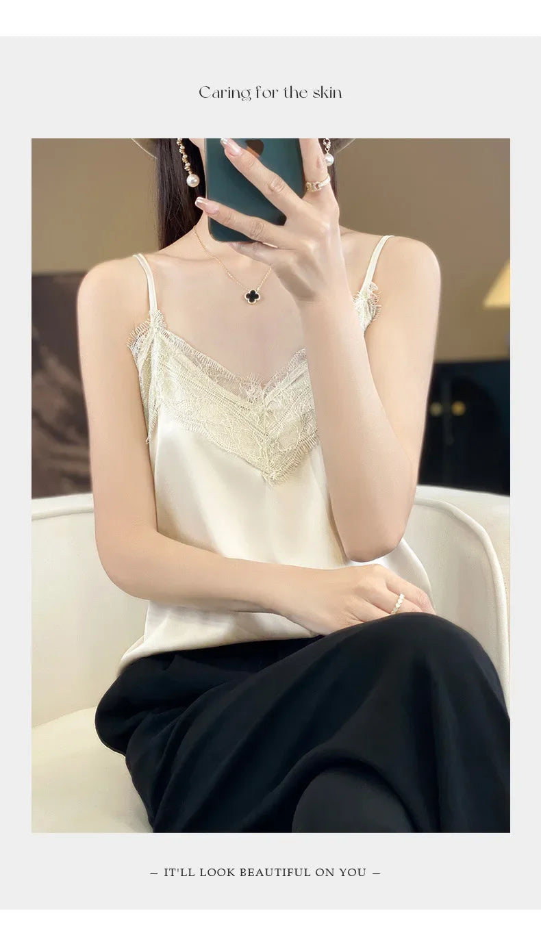 Satin Lace Trim V-Neck Crop Top