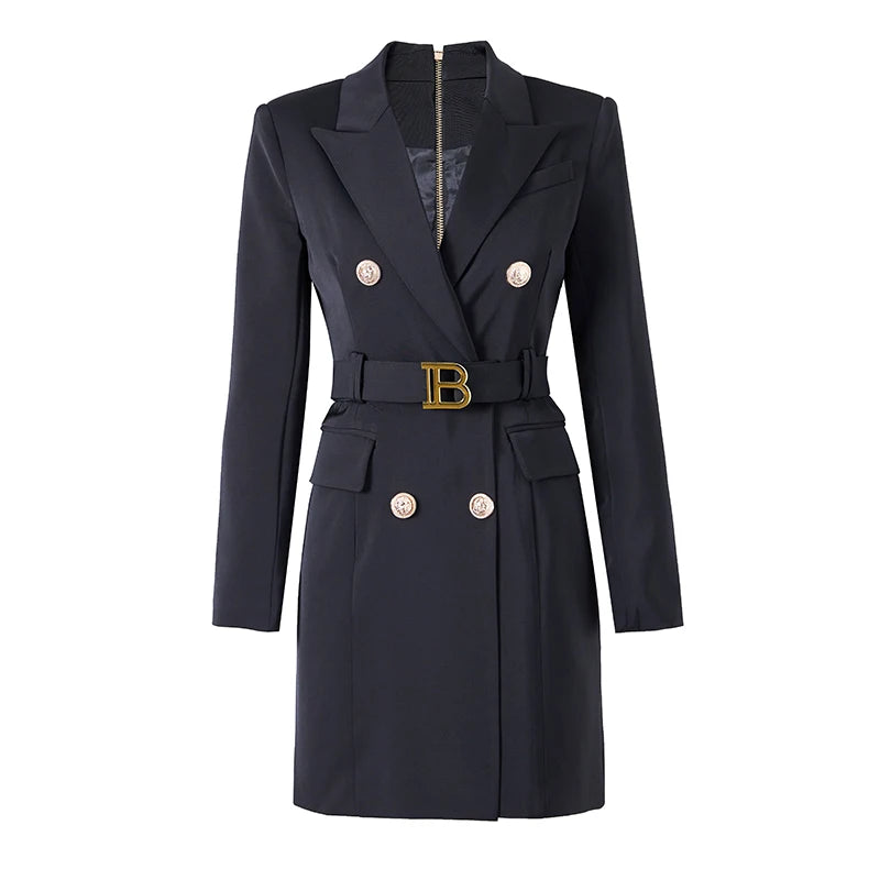 Blazer Dress with Belt Luxury Buttons with Back Zipper