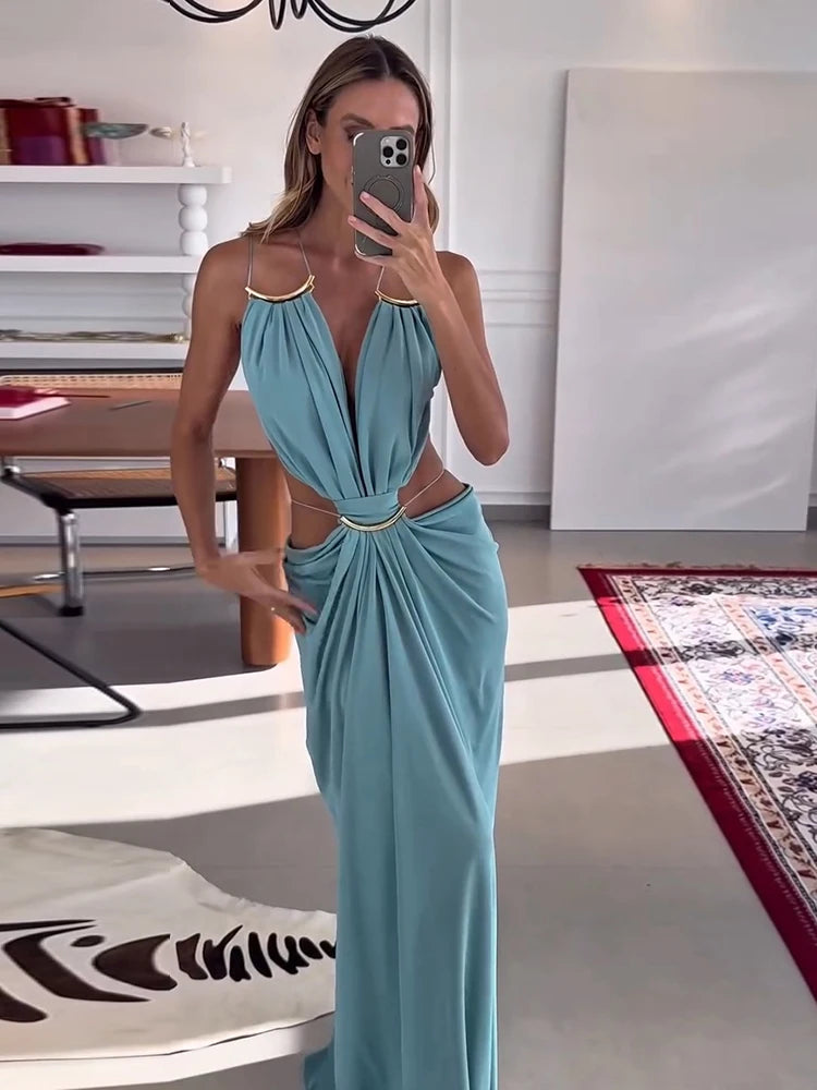 Sexy Women Dress Hollow Sleeveless Deep V Neck Big Backless Hip Package Long Dresses Elegant Summer New Beach Holiday Robes Lady