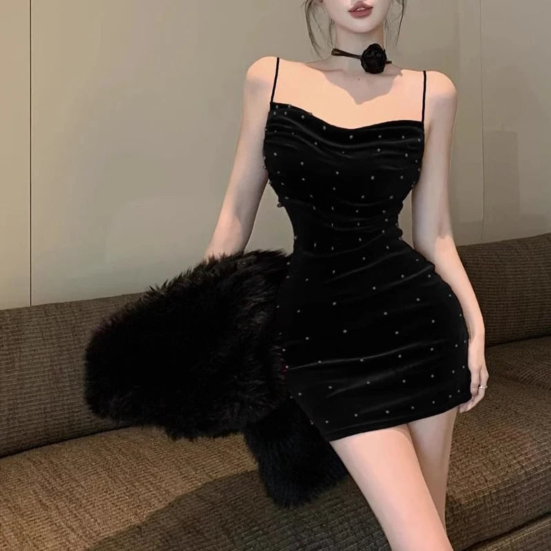 Spring Autumn Solid Color Fashion Slip Dress Women High Street Sexy Slim Pleated Package Hip Dress Embroidered Flares Vestidos