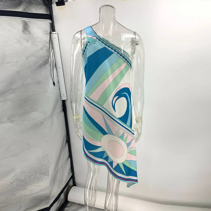 Casual Printed One Shoulder Women's Short Dress Asymmetric Sleeveless Backless Beach Dresses 2026 Summer Lady Vacation Vestidoes