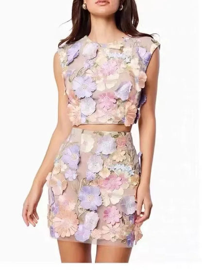 Embroidery 3D flowers Crop Top & Wrap Skirt - Set of Two Pieces