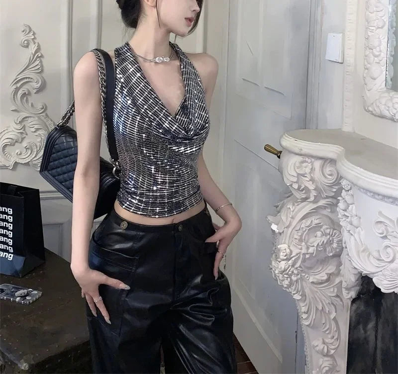 Shiny Sequin Halter Neck Crop Top Sparkly