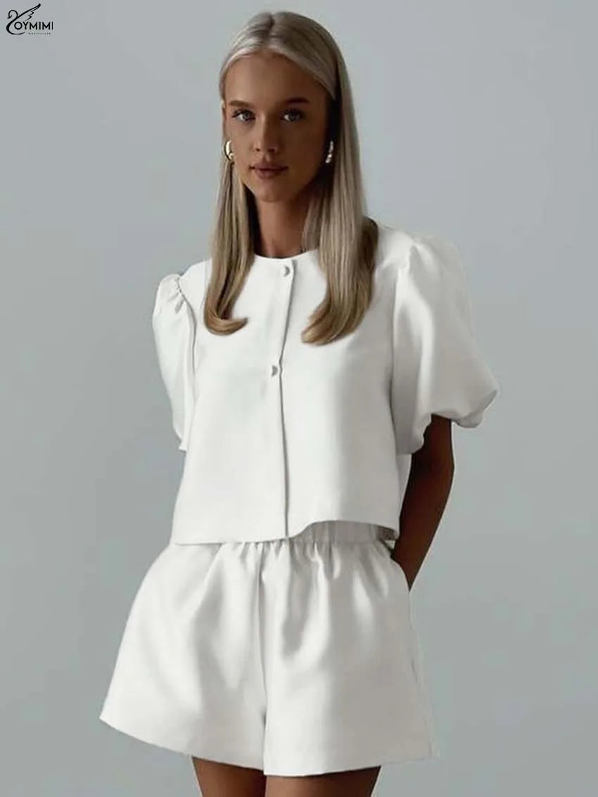 White Satin 2 Piece Sets Puff Sleeve