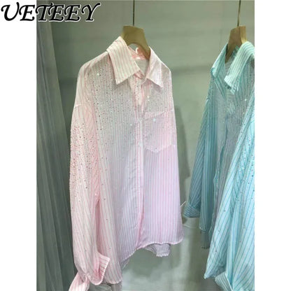 Lightweight Loose Stripes Rhinestone Shirt