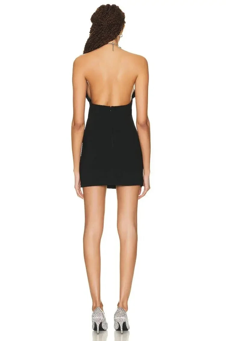 Women's Summer Halter Neck Sparkling Beaded Backless Mini Dress with Bandage Detail for Nightclubs, Birthday Parties