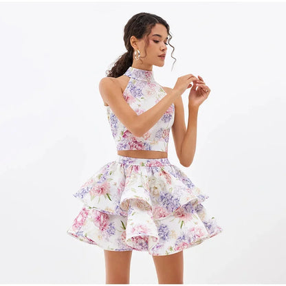 1 Sexy Print TOP & Ruffle Mini Skirt Set