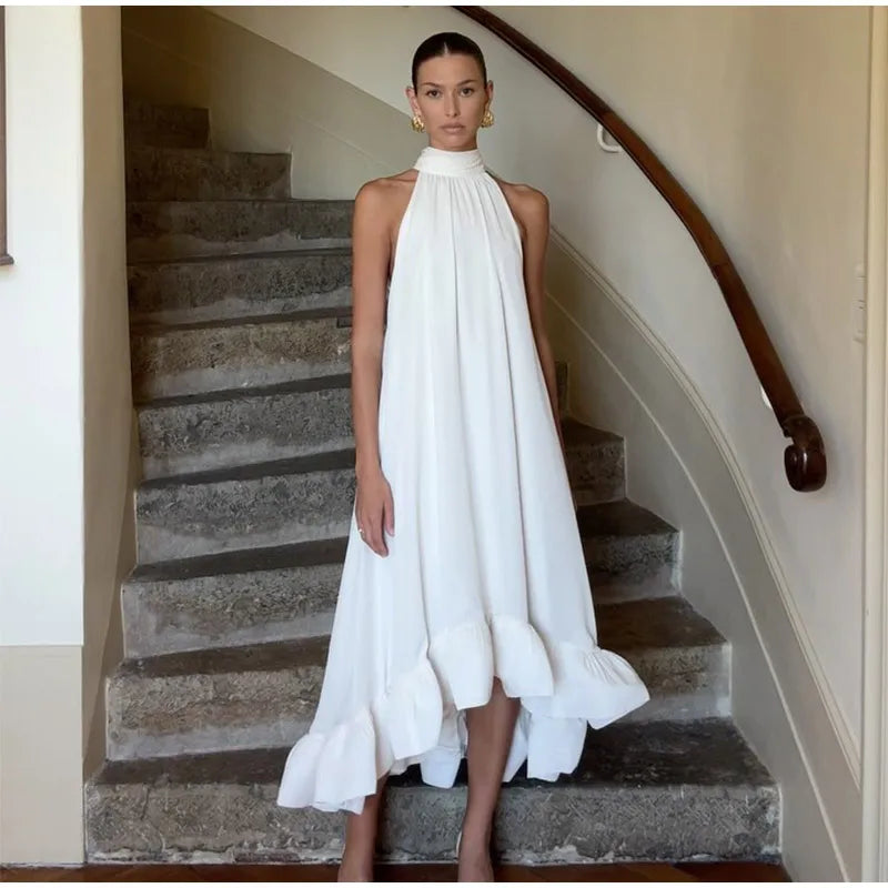 Chic White Round Neck Sleeveless Long Dress Elegant Off-the-shoulder Irregular Hem Gown New Female Summer Beach Club Vestidos